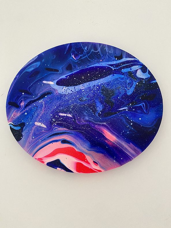 Song of the Galaxies, liquid acrylic on canvas, space, blue pink white-Olivia Maro
