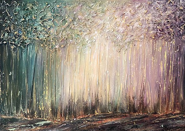 Mystical forest, landscape, green beige brown purple, texture-Olivia Maro